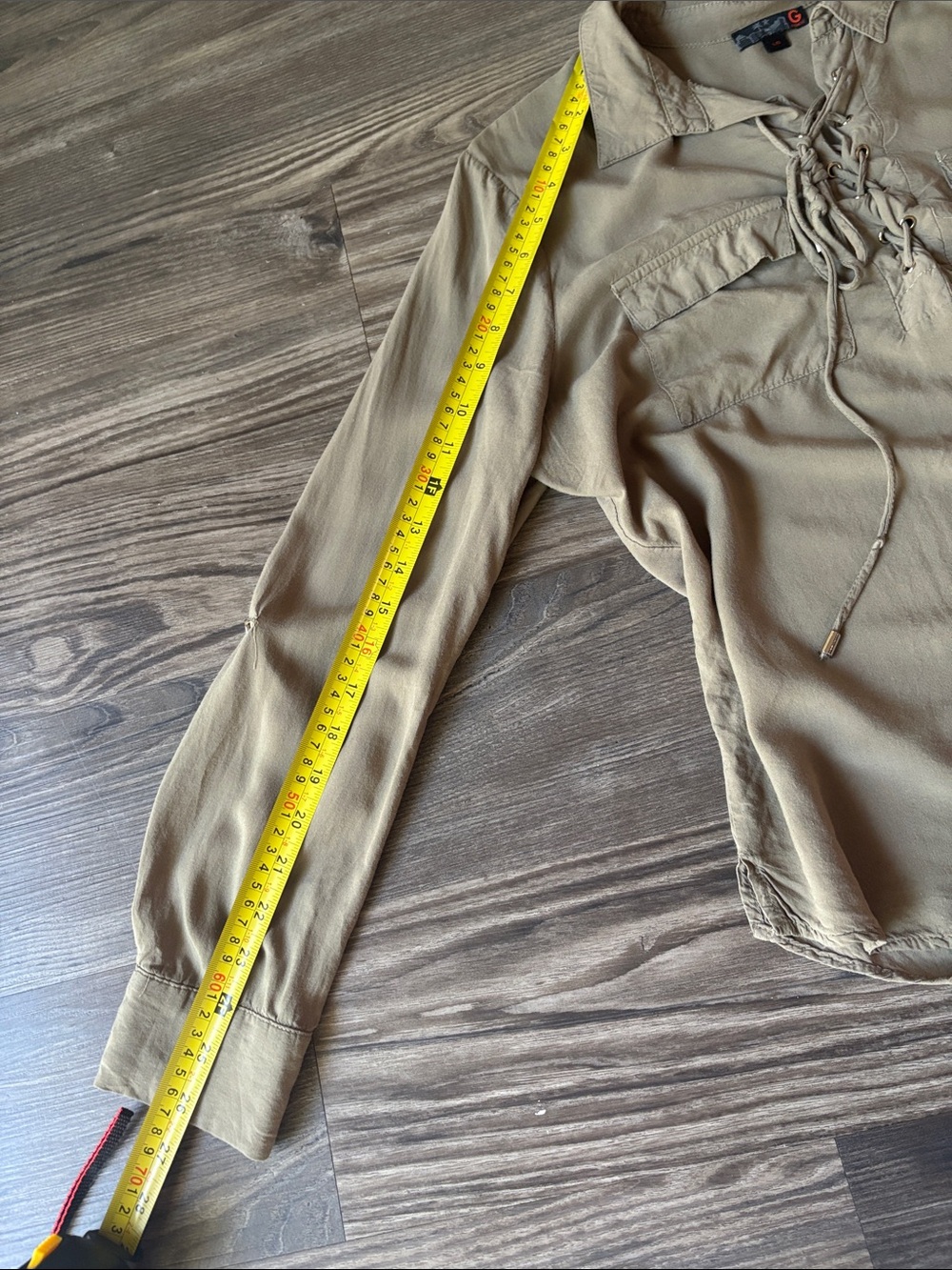GUESS:Olive String-tieButton Front Blouse Size L - Picture 8 of 10